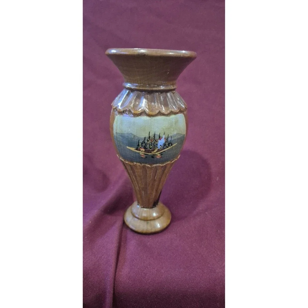 1919 Antique Olive Wooden Bud Vase Kepkypa  Hand Painted 5 Inch Water Mountians